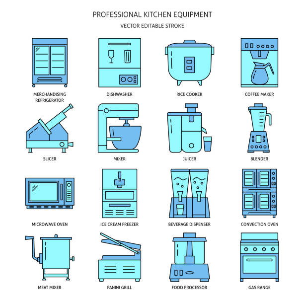 ikon peralatan dapur restoran diatur dalam gaya garis berwarna - rice dispenser ilustrasi stok