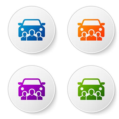 Color Car sharing with group of people icon isolated on white background. Carsharing sign. Transport renting service concept. Set color icon in circle buttons. Vector Illustration