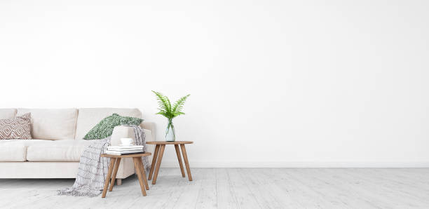 모의, 현대 거실, 오른쪽 3d 렌더링에 여유 공간이 있는 인테리어 디자인 - decor vase furniture living room 뉴스 사진 이미지