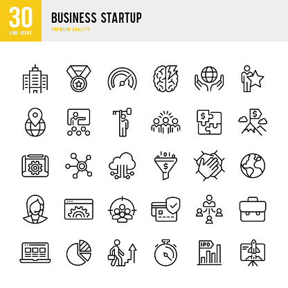 Set of 30 Business Startup line vector icons. Startup, Teamwork, Focus Group, Support, IPO, Cloud Computing, Management, Learning, Office, Awards and so on.