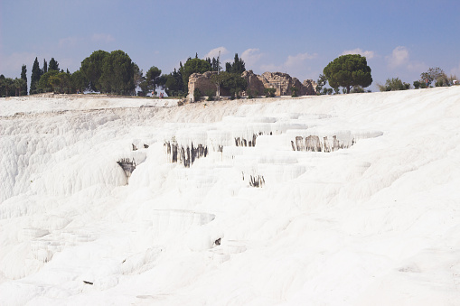 Pamukkale, Turkey. View of the white salt terraces. Near Denizly town and antique city Hierapolis