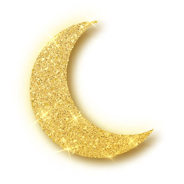 illustrazioni stock, clip art, cartoni animati e icone di tendenza di crescent islamic per l'elemento di design ramadan kareem isolato. icona vettoriale lunare glitterata d'oro di crescent islamic isolated. mezzaluna d'oro di lusso, sfondo particelle di coriandoli scintillanti in oro mezzaluna - gold confetti star shape nobody