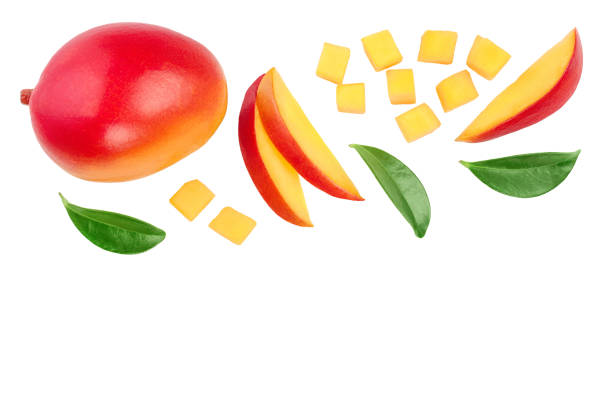 istock Mango fruit with slices isolated on white background with copy space for your text. Top view. Flat lay 1143924481