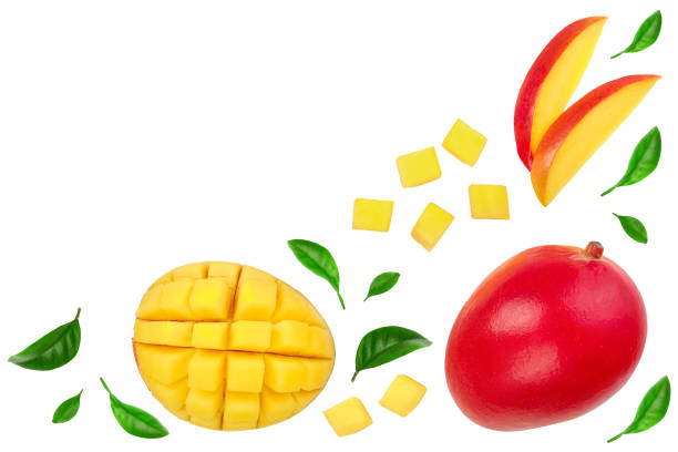 istock Mango fruit and half with slices isolated on white background with copy space for your text. Top view. Flat lay 1143924506