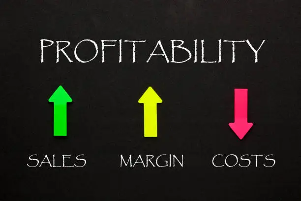 Profitability and colorful arrows with conceptual words on black background. Business concept