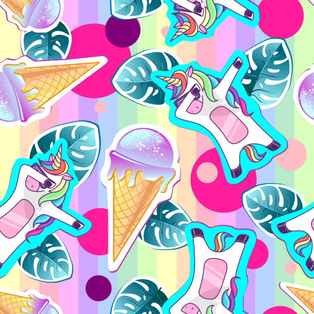 istock Summer seamless pattern with unicorn and ice cream. Zine Culture style summer background 1143925742