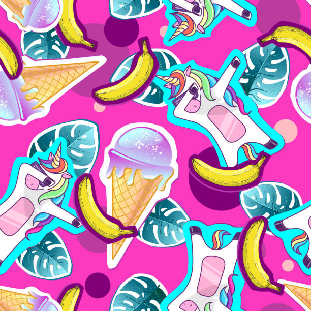 istock Summer seamless pattern with unicorn and ice cream. Zine Culture style summer background 1143925764