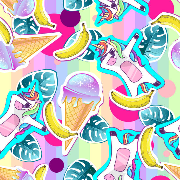 istock Summer seamless pattern with unicorn and ice cream. Zine Culture style summer background 1143926462