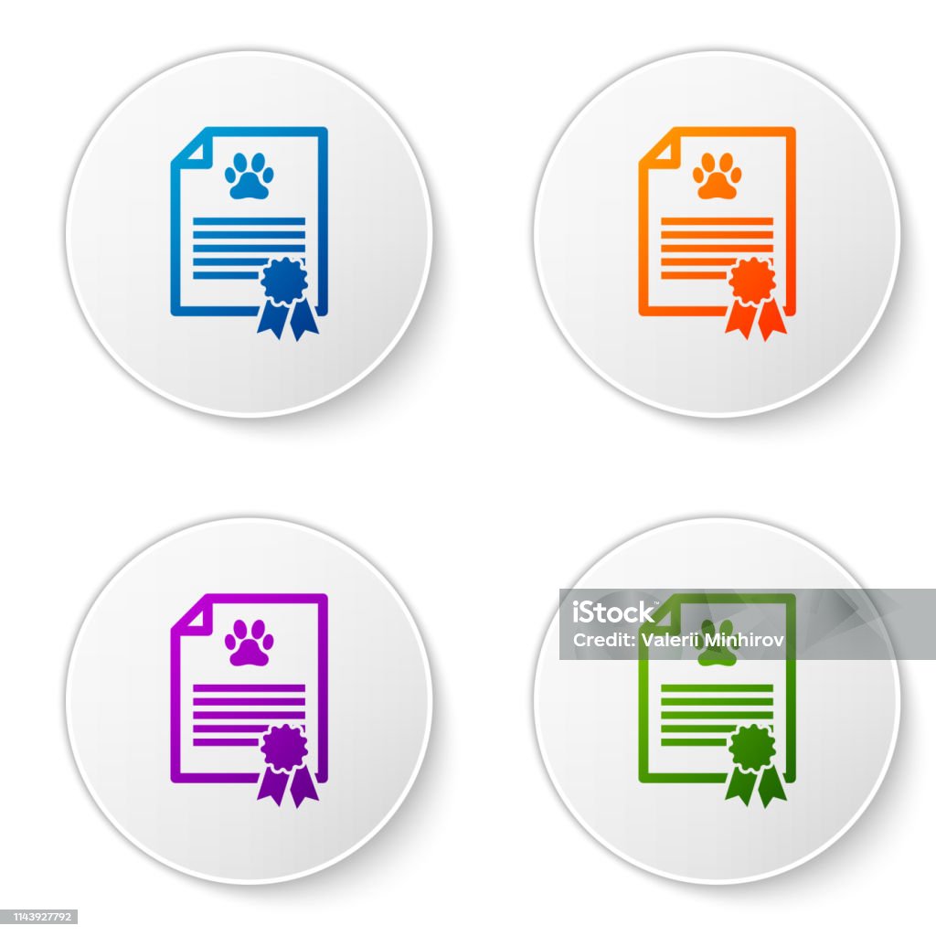 Color Medical certificate for travel with dog or cat icon isolated on white background. Document for pet. Dog or cat paw print. Set icons in circle buttons. Vector Illustration Animal stock vector