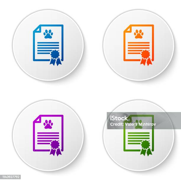 Color Medical Certificate For Travel With Dog Or Cat Icon Isolated On White Background Document For Pet Dog Or Cat Paw Print Set Icons In Circle Buttons Vector Illustration Stock Illustration - Download Image Now
