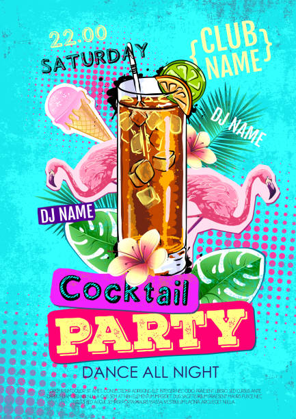 ilustrações de stock, clip art, desenhos animados e ícones de cocktail party disco poster design. zine cutlure style - tea stain