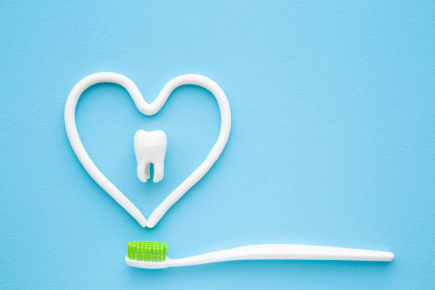 Toothbrush with green bristles on pastel blue background. Heart shape created from paste. White tooth in middle of heart. Love healthy teeth. Empty place for text, quote, sayings or logo. Closeup.
