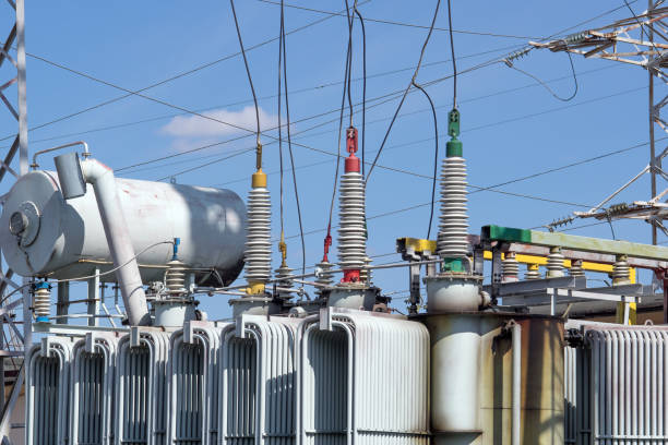 istock Electricity substation with high-voltage insulators 1143933322