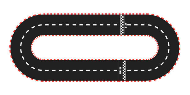 ilustraciones, imágenes clip art, dibujos animados e iconos de stock de pista de carreras con línea de inicio y meta. vista superior - checkered flag flag auto racing starting line