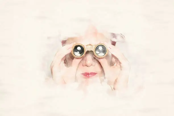 Photo of portrait of woman looking through binoculars in watercolors