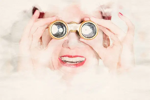 Photo of portrait of woman looking through binoculars in watercolors