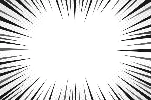 Vector illustration of Abstract comic book flash explosion radial lines background. Vector illustration for superhero design. Bright black white light strip burst. Flash ray blast glow. Manga cartoon hero fight print stamp