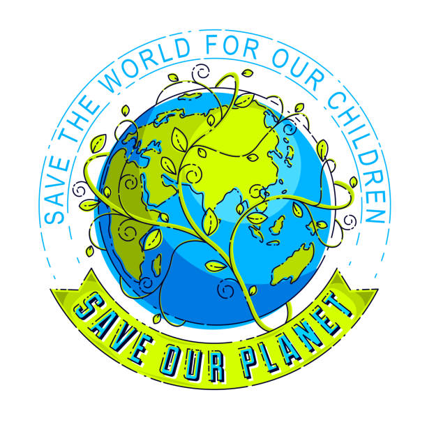 ilustrações de stock, clip art, desenhos animados e ícones de save our planet earth, environmental protection, climate changes, earth day april 22, with ribbon and typing vector and floral leaves green growth, vector emblem or illustration isolated on white. - earth day banner placard green