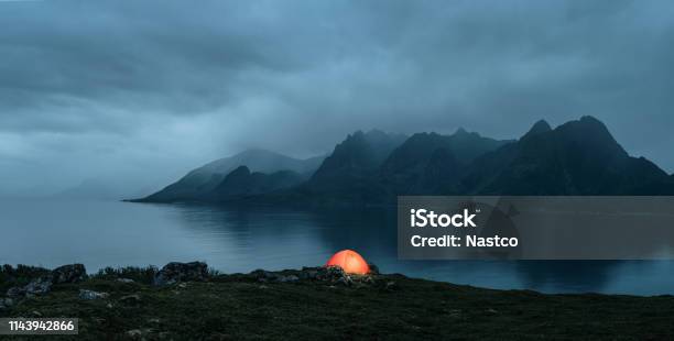 Illuminated Tent At The Lofoten Islands Stock Photo - Download Image Now - Night, Mountain, Norway