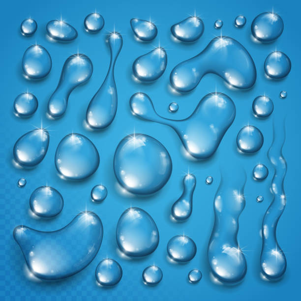 Water drops set vector realistic 3d elements collection, transparent dew condensation drops over transparency checker mesh, prepared to put over blue background. Water drops set vector realistic 3d elements collection, transparent dew condensation drops over transparency checker mesh, prepared to put over blue background. hyperrealism stock illustrations