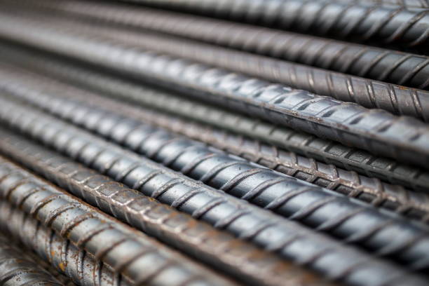 Stack of steel bar texture in construction site for background.