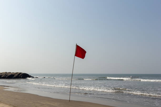 istock Red flag on the ocean. Warning red flag 1143947622