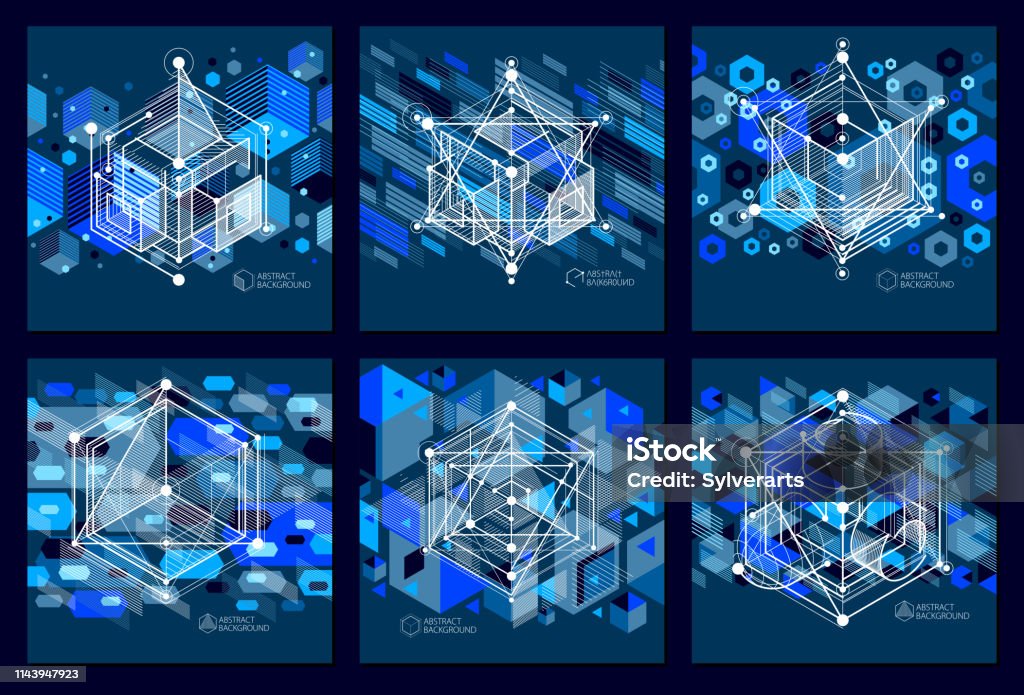 Abstract vector geometric 3D elements in futuristic style blue black template compositions set. Technical plan can be used in web design and as wallpaper or background. Abstract stock vector