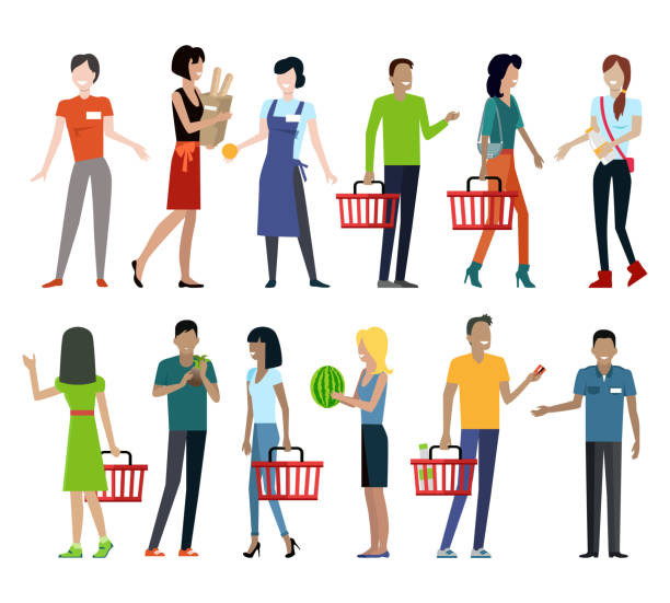 Set of Shopping Characters Vector Illustration. Set of customers and sellers characters vector templates. Flat style design. Man and woman making purchases and sell goods. Supermarket personnel, consumer choice and shopping in mall concept. retail clerk illustrations stock illustrations