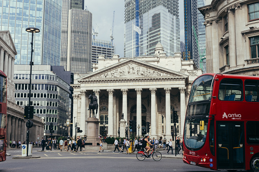 London / UK - July 24, 2018: The Royal Exchange was founded in the 16th century to act as a centre of commerce for the City of London. Today the Royal Exchange contains cafes, bars, restaurants, luxury shops, and offices