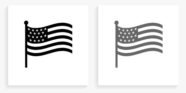 ilustraciones, imágenes clip art, dibujos animados e iconos de stock de bandera americana icono de la plaza blanco y negro - american flag