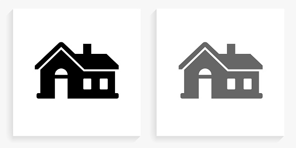 House Black and White Square Icon. This 100% royalty free vector illustration is featuring the square button with a drop shadow and the main icon is depicted in black and in grey for a roll-over effect.. This 100% royalty free vector illustration is featuring the square button with a drop shadow and the main icon is depicted in black and in grey for a roll-over effect.