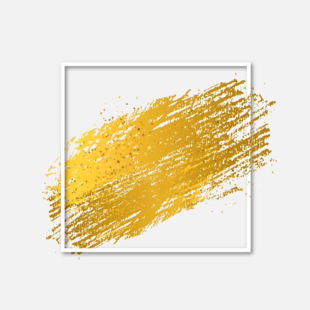 istock Gold brush stroke with sparkles in white square frame. Modern abstract background. Metallic gradient paint texture. Creative vector template for your design projects. 1143962161