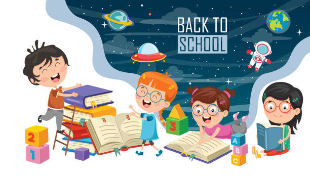 Vector Illustration Of Children Back To School Vector Illustration Of Children Back To School kids reading clipart stock illustrations