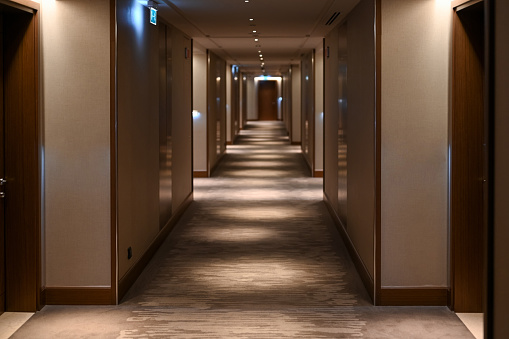 Dark hotel hallway