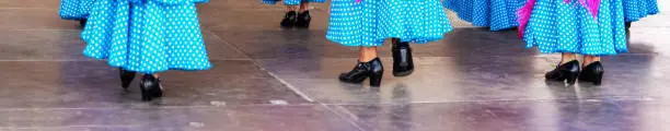 Photo of closeup of a typical shoes to the traditional Spanish flamenco dance shoes, leather high heels,