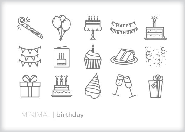 Birthday line icons for celebrating another year with a party, cake, card and balloons Set of 15 birthday line icons of items for a party including a noisemaker, balloons, cake, cake stand, slice of cake, cupcake, candle, confetti, banner, card, present, birthday hat, and champagne glasses balloon icons stock illustrations