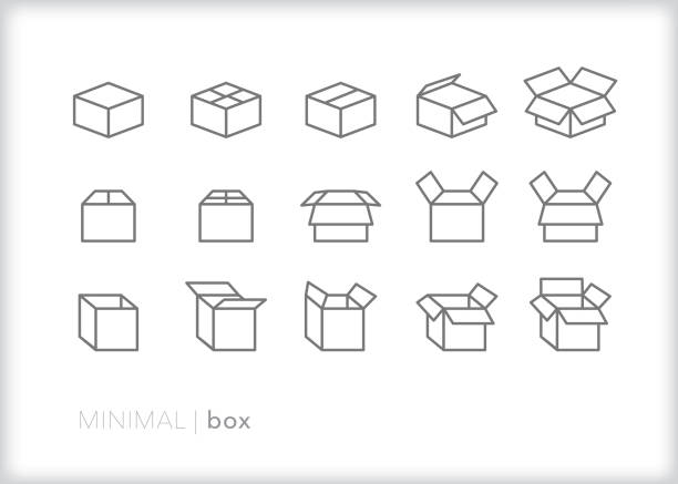 box-line-ikonen von verpackungen, versand oder beweglichen boxen in verschiedenen formen - pappkarton stock-grafiken, -clipart, -cartoons und -symbole