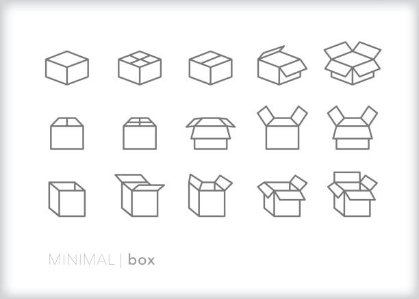 ikony linii pudełkowych opakowań, wysyłki lub ruchomych pudełek w różnych kształtach - corrugated cardboard moving house cardboard box stock illustrations