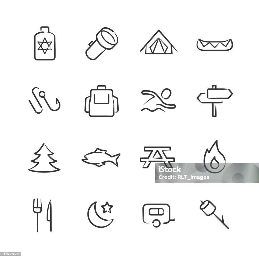 Camping Icons—Sketchy Series Professional icon set in sketch style. Vector artwork is easy to colorize, manipulate, and scales to any size. Sketch stock vector