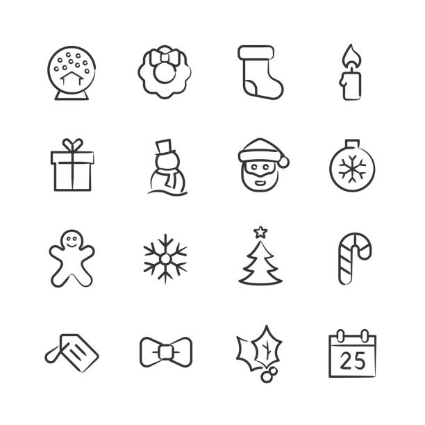 ilustraciones, imágenes clip art, dibujos animados e iconos de stock de iconos de navidad: sketchy series - wrapping paper christmas gift snowman