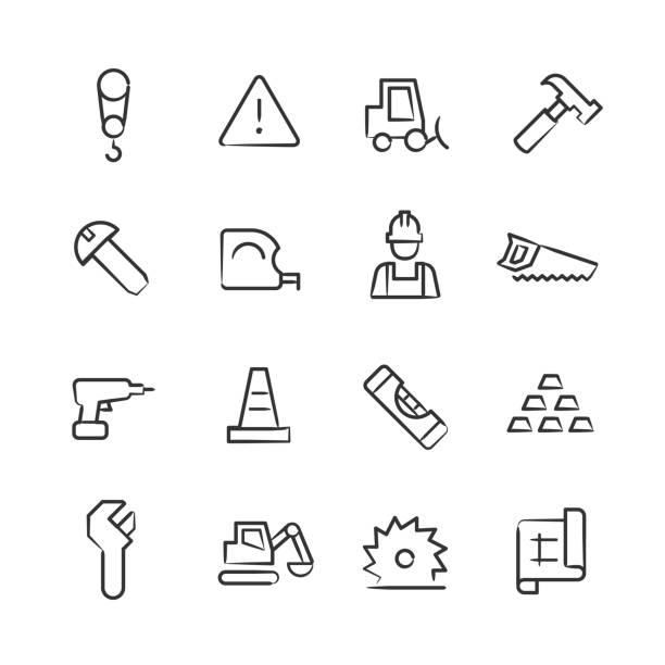 Construction Icons—Sketchy Series Professional icon set in sketch style. Vector artwork is easy to colorize, manipulate, and scales to any size. white background level hand tool white stock illustrations