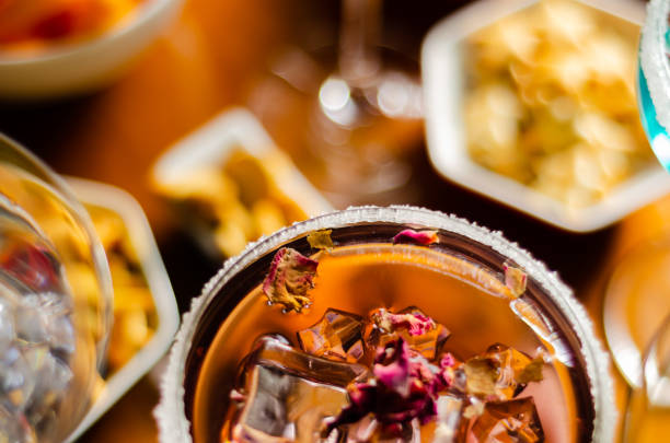 Tasty and colorful drinks based on various alcohols, syrups and liqueurs, unique effect of the bartender's work
