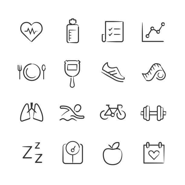 gesundheit und fitness icons — sketchy series - weights dieting apple healthy eating stock-grafiken, -clipart, -cartoons und -symbole