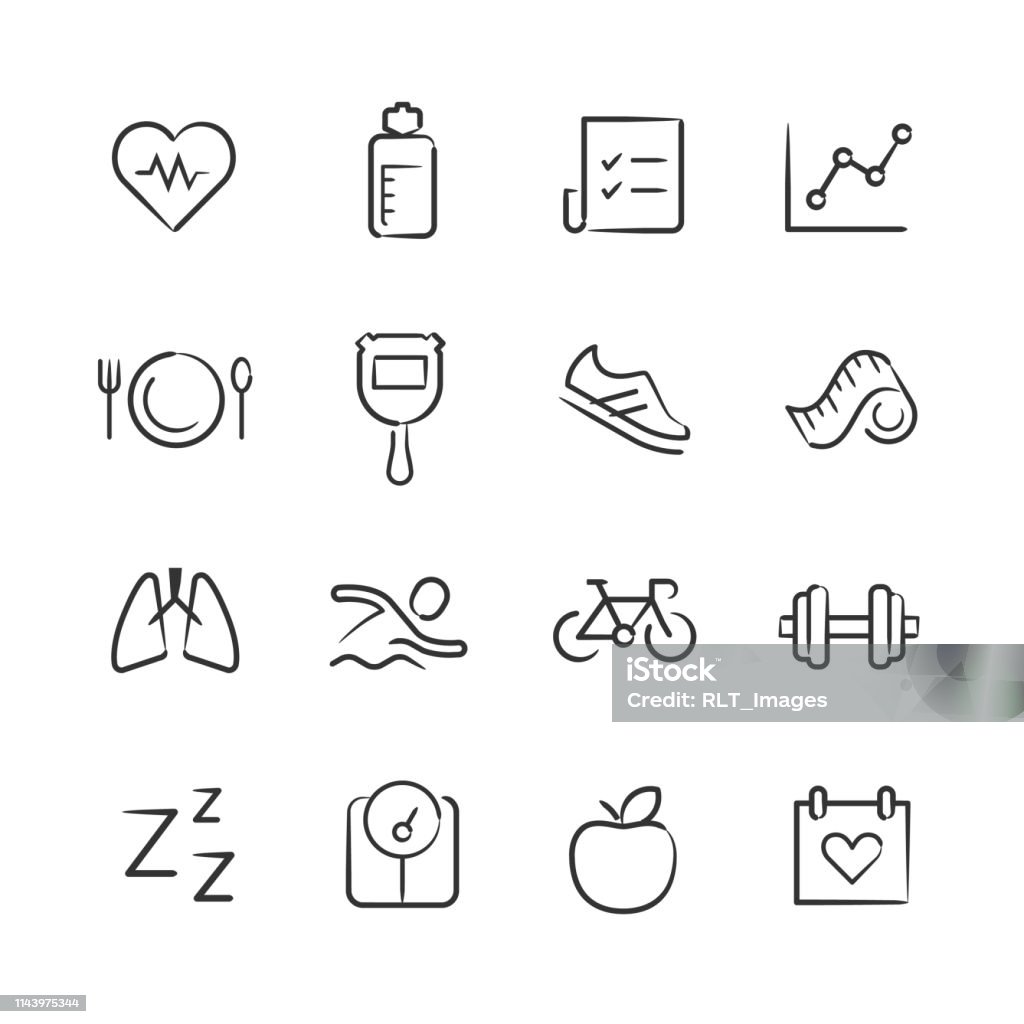 Health and Fitness Icons—Sketchy Series Professional icon set in sketch style. Vector artwork is easy to colorize, manipulate, and scales to any size. Icon Symbol stock vector