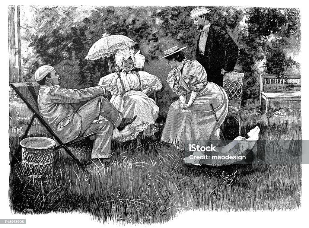Family in the garden 1896 stock illustration