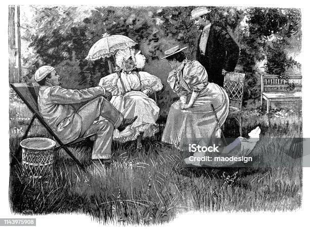 Family In The Garden Stock Illustration - Download Image Now - 1896, 19th Century, 2018