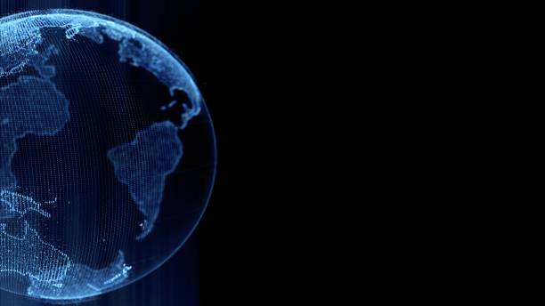 istock Earth rotating loop of rotating glowing dots stylised world globe with orbits with copy space 1143976121