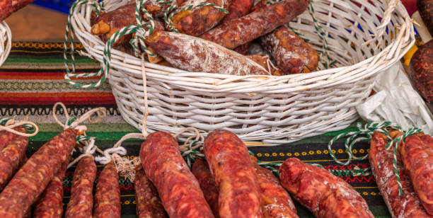 istock traditional Spanish sausages arranged at the stand 1143977118