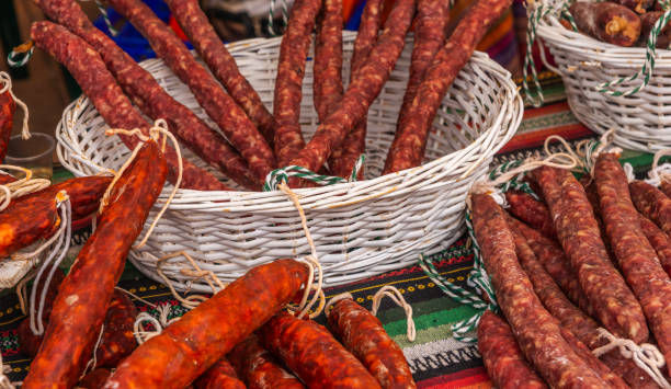 istock traditional Spanish sausages arranged at the stand 1143977138