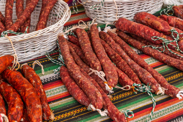 istock traditional Spanish sausages arranged at the stand 1143977140